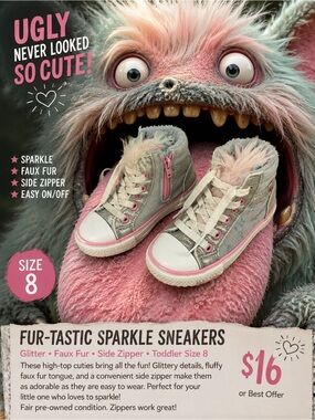 Toddler Sparkle Faux Fur High-Top Sneakers - Pink & Gray - Unbranded